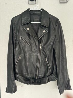 MaxMara Black Leather Biker Jacket with Belted Waist